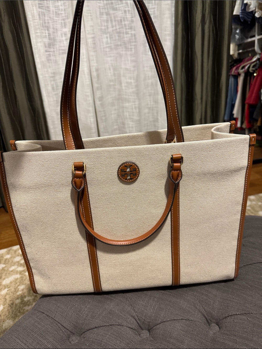Tory Burch Cream Canvas Tote with Brown Leather Trim NWOT